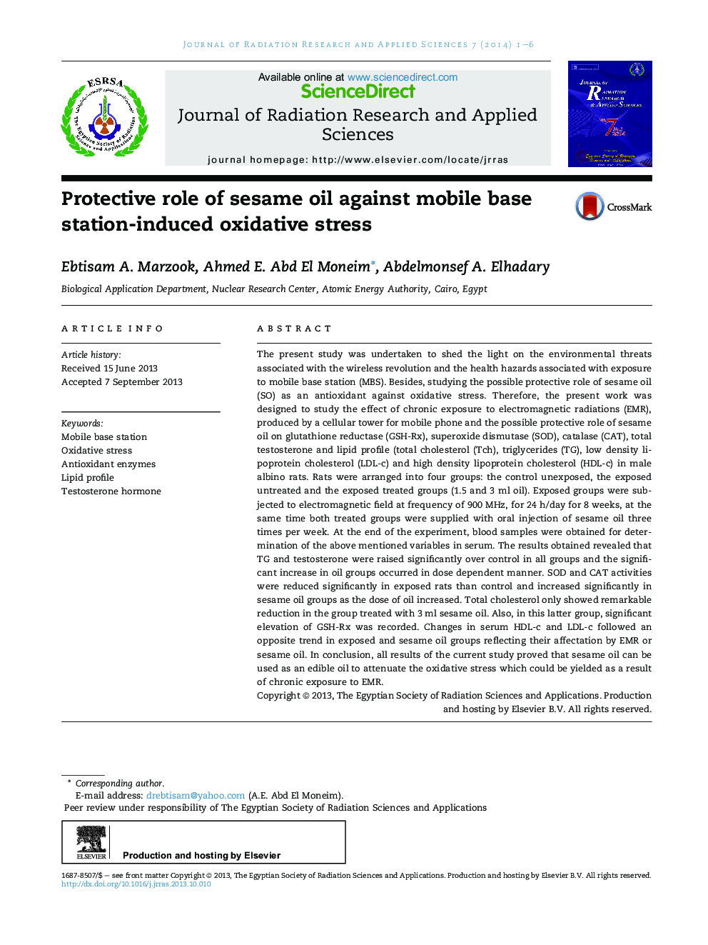 Protective role of sesame oil against mobile base station-induced oxidative stress