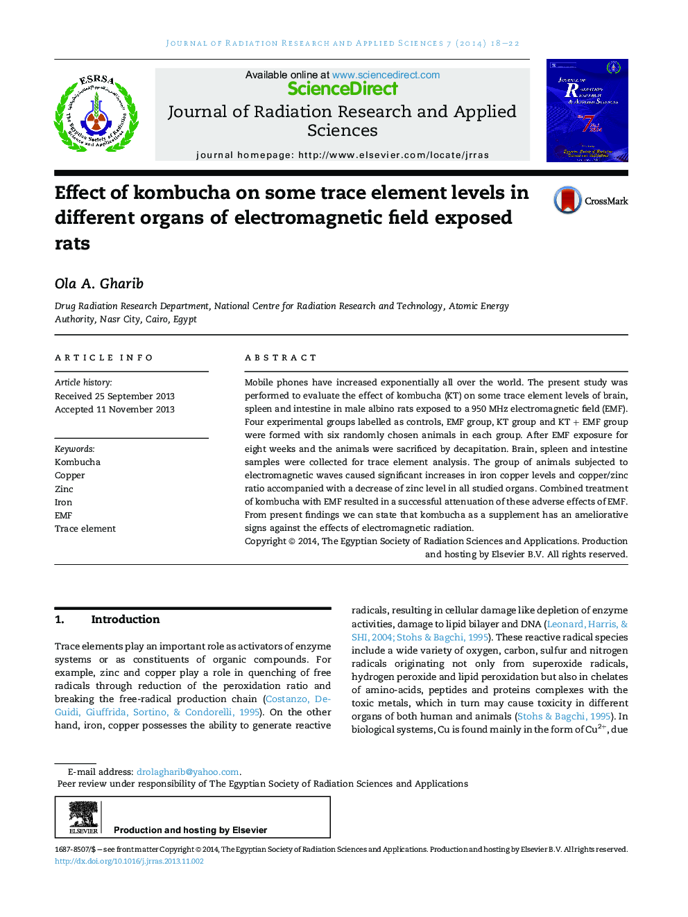 Effect of kombucha on some trace element levels in different organs of electromagnetic field exposed rats 