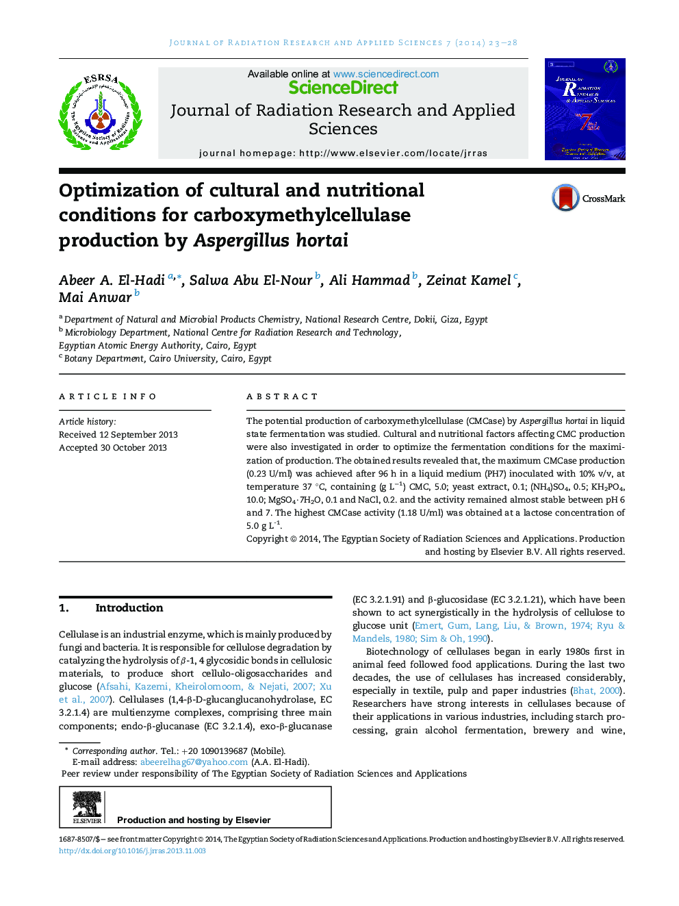 Optimization of cultural and nutritional conditions for carboxymethylcellulase production by Aspergillus hortai 