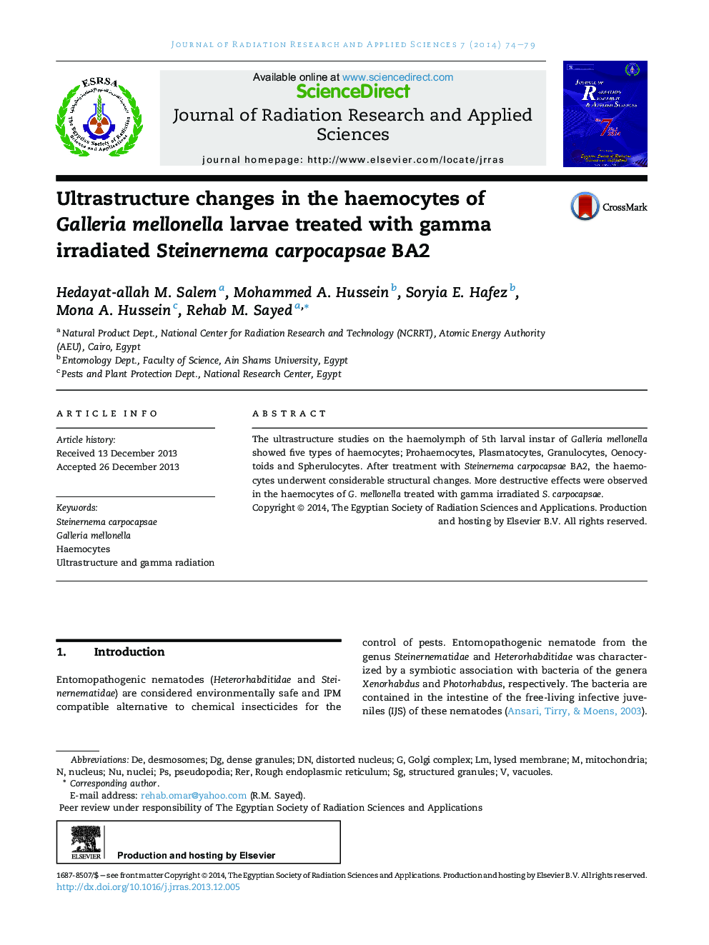 Ultrastructure changes in the haemocytes of Galleria mellonella larvae treated with gamma irradiated Steinernema carpocapsae BA2 