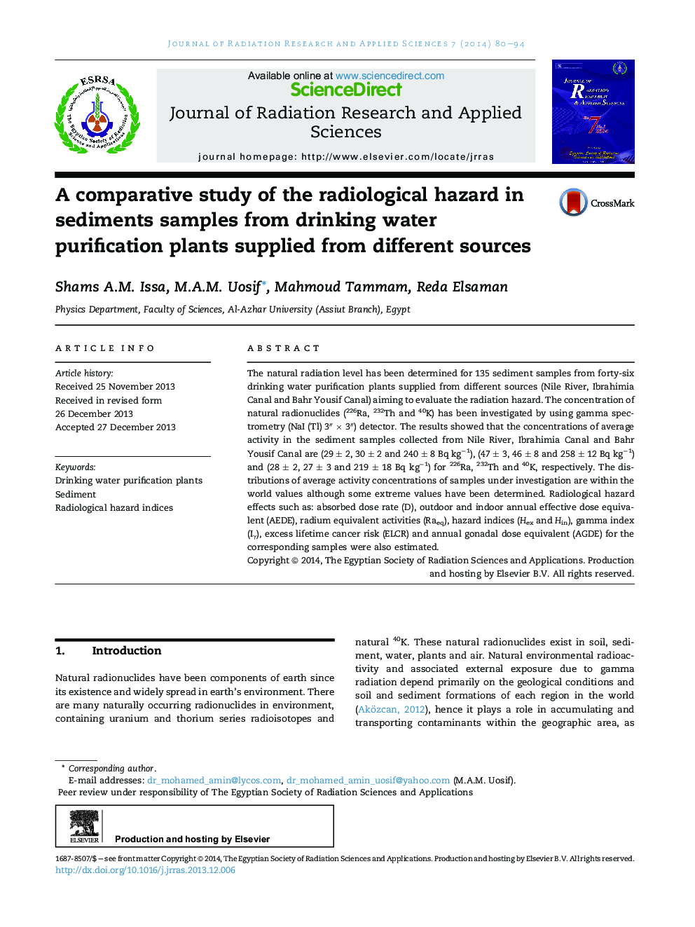 A comparative study of the radiological hazard in sediments samples from drinking water purification plants supplied from different sources