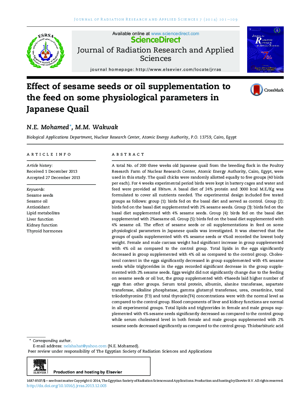 اثر دانه های کنجد و یا مکمل های روغن به خوراک بر روی برخی از پارامترهای فیزیولوژیکی در ژاپن قوچ 