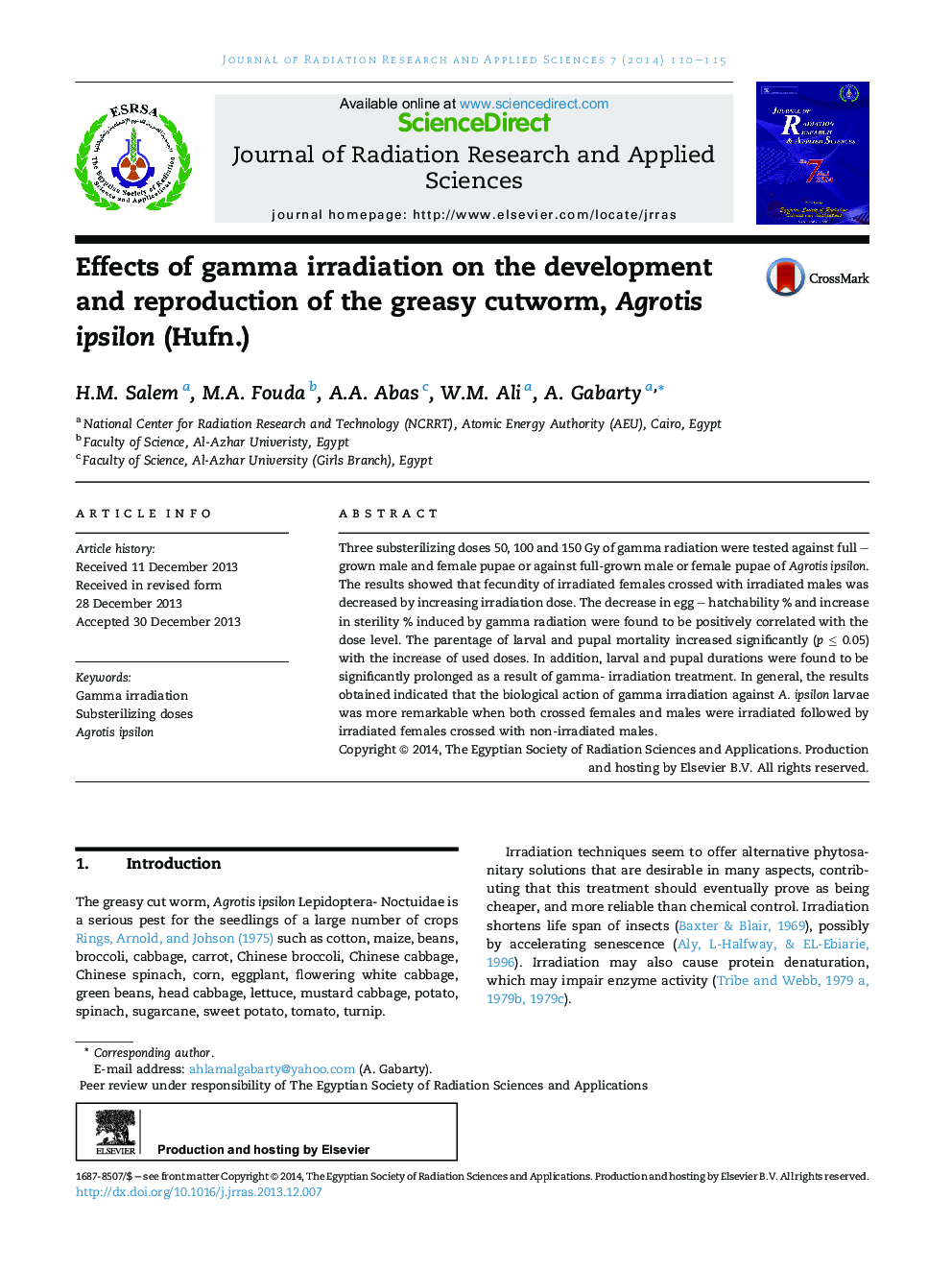 Effects of gamma irradiation on the development and reproduction of the greasy cutworm, Agrotis ipsilon (Hufn.) 