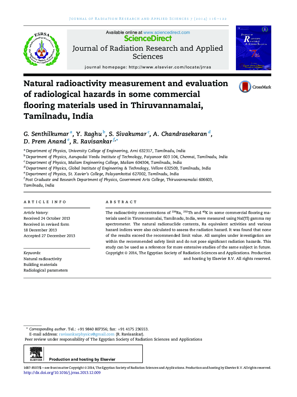 Natural radioactivity measurement and evaluation of radiological hazards in some commercial flooring materials used in Thiruvannamalai, Tamilnadu, India 