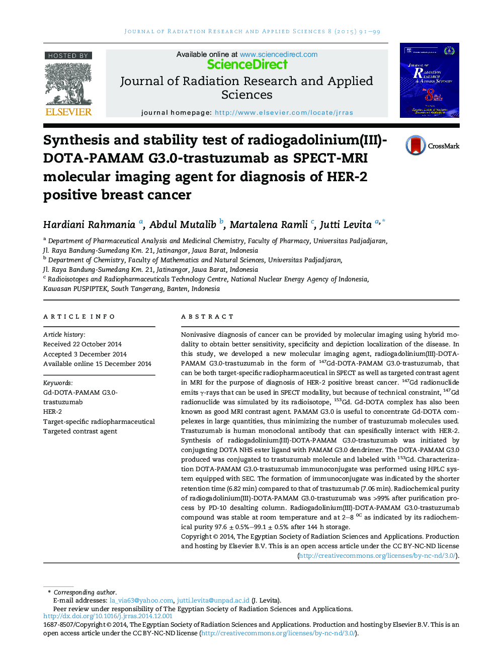 Synthesis and stability test of radiogadolinium(III)-DOTA-PAMAM G3.0-trastuzumab as SPECT-MRI molecular imaging agent for diagnosis of HER-2 positive breast cancer 
