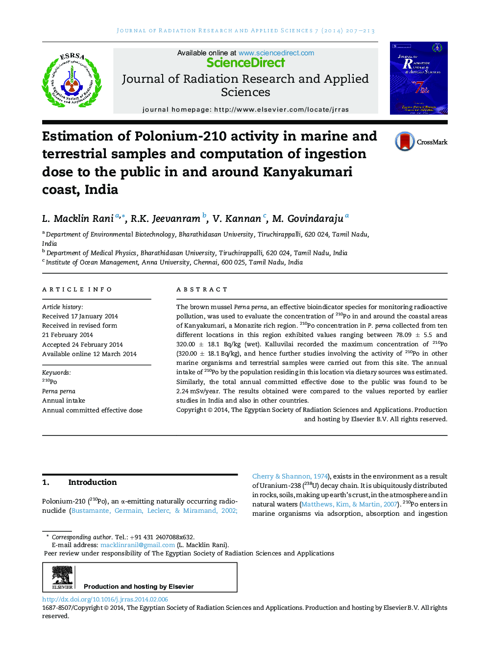 Estimation of Polonium-210 activity in marine and terrestrial samples and computation of ingestion dose to the public in and around Kanyakumari coast, India 