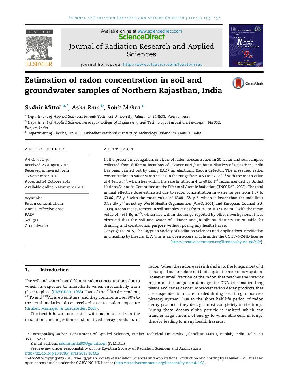 Estimation of radon concentration in soil and groundwater samples of Northern Rajasthan, India 