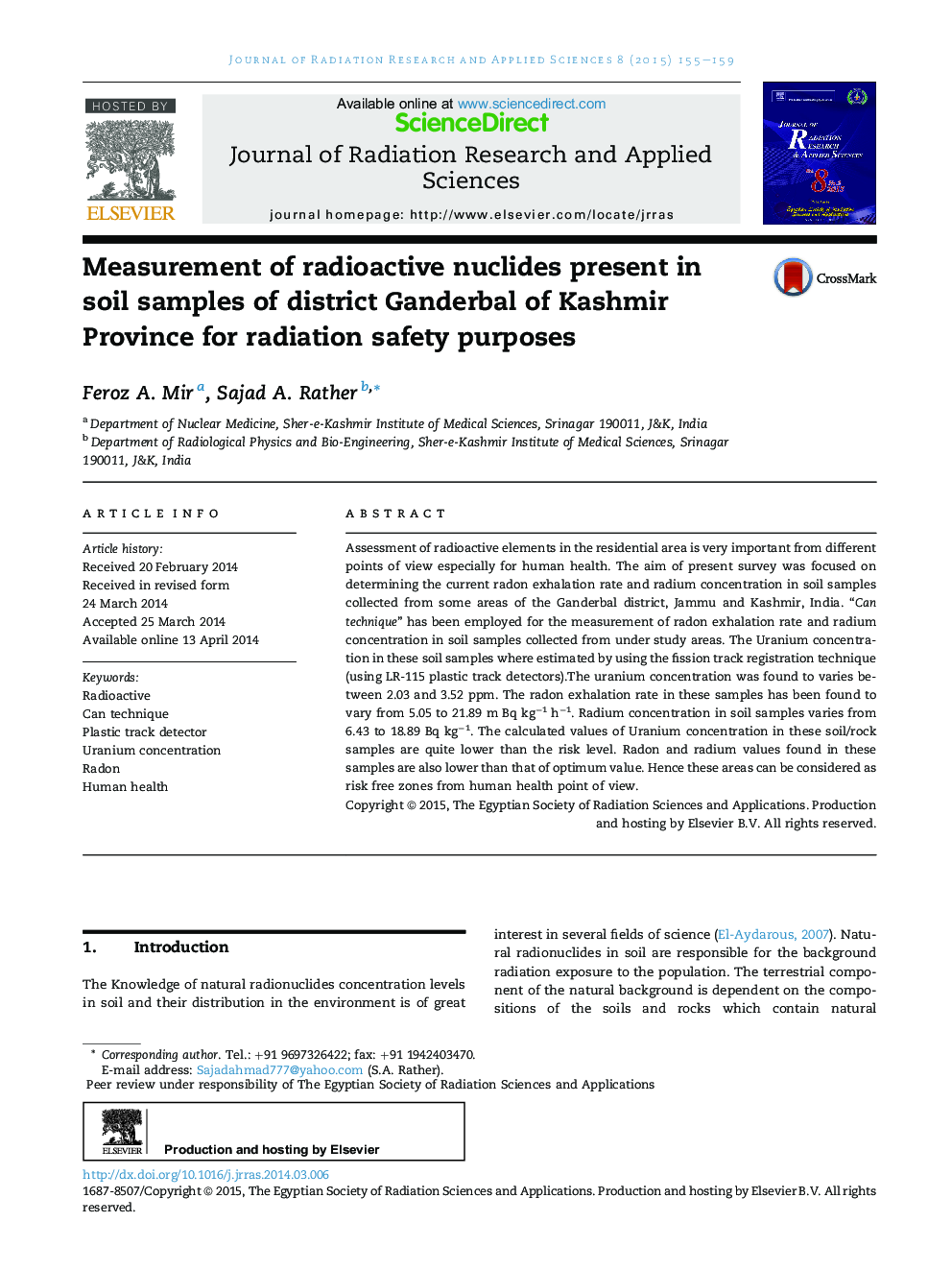 Measurement of radioactive nuclides present in soil samples of district Ganderbal of Kashmir Province for radiation safety purposes 