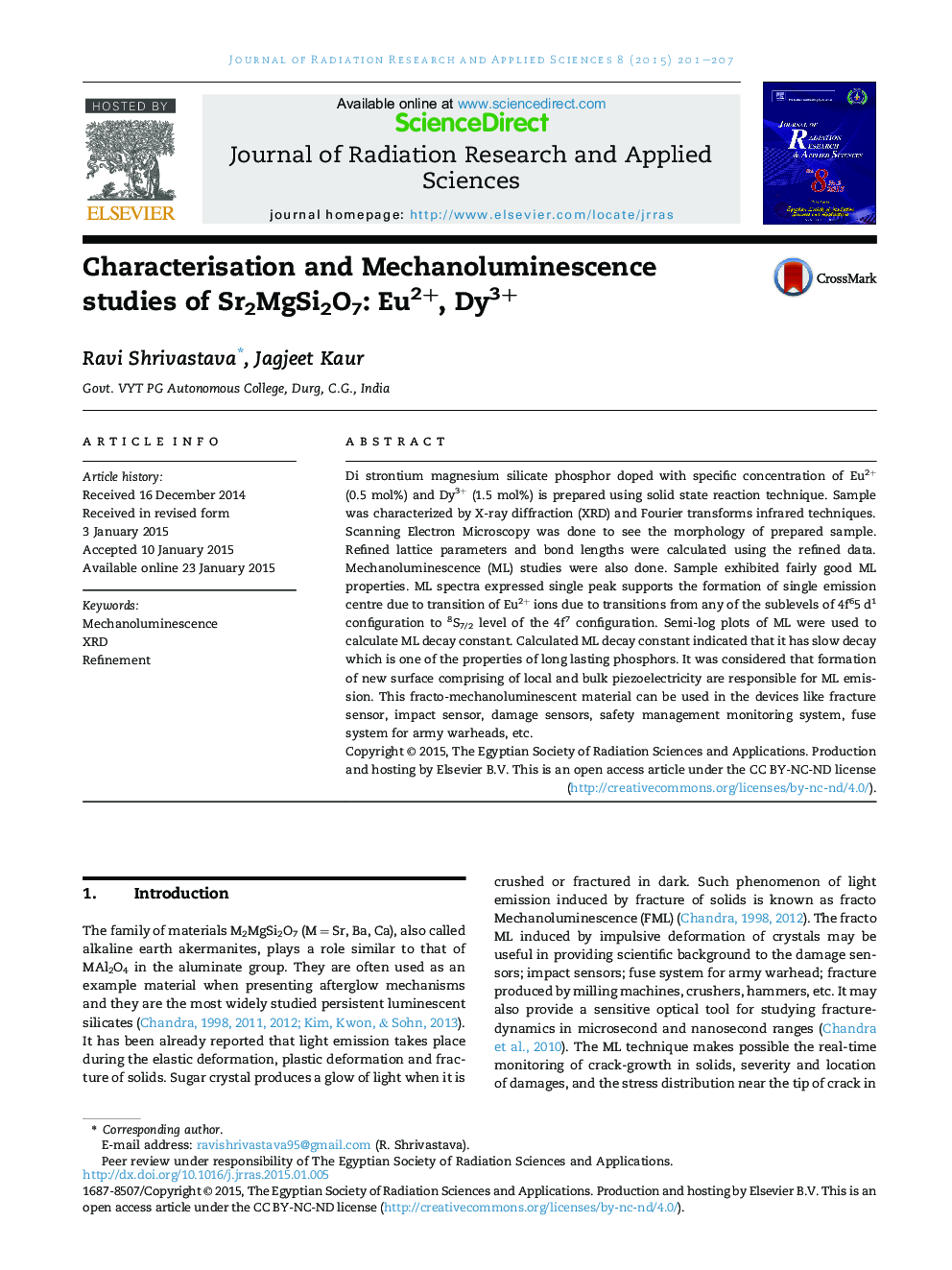 Characterisation and Mechanoluminescence studies of Sr2MgSi2O7: Eu2+, Dy3+