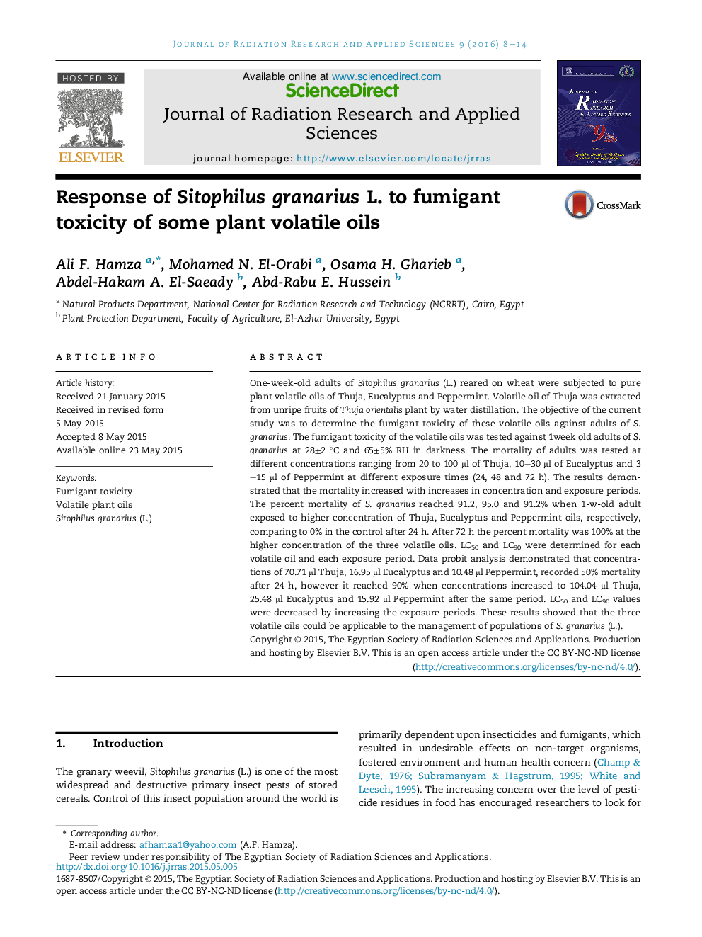 Response of Sitophilus granarius L. to fumigant toxicity of some plant volatile oils 