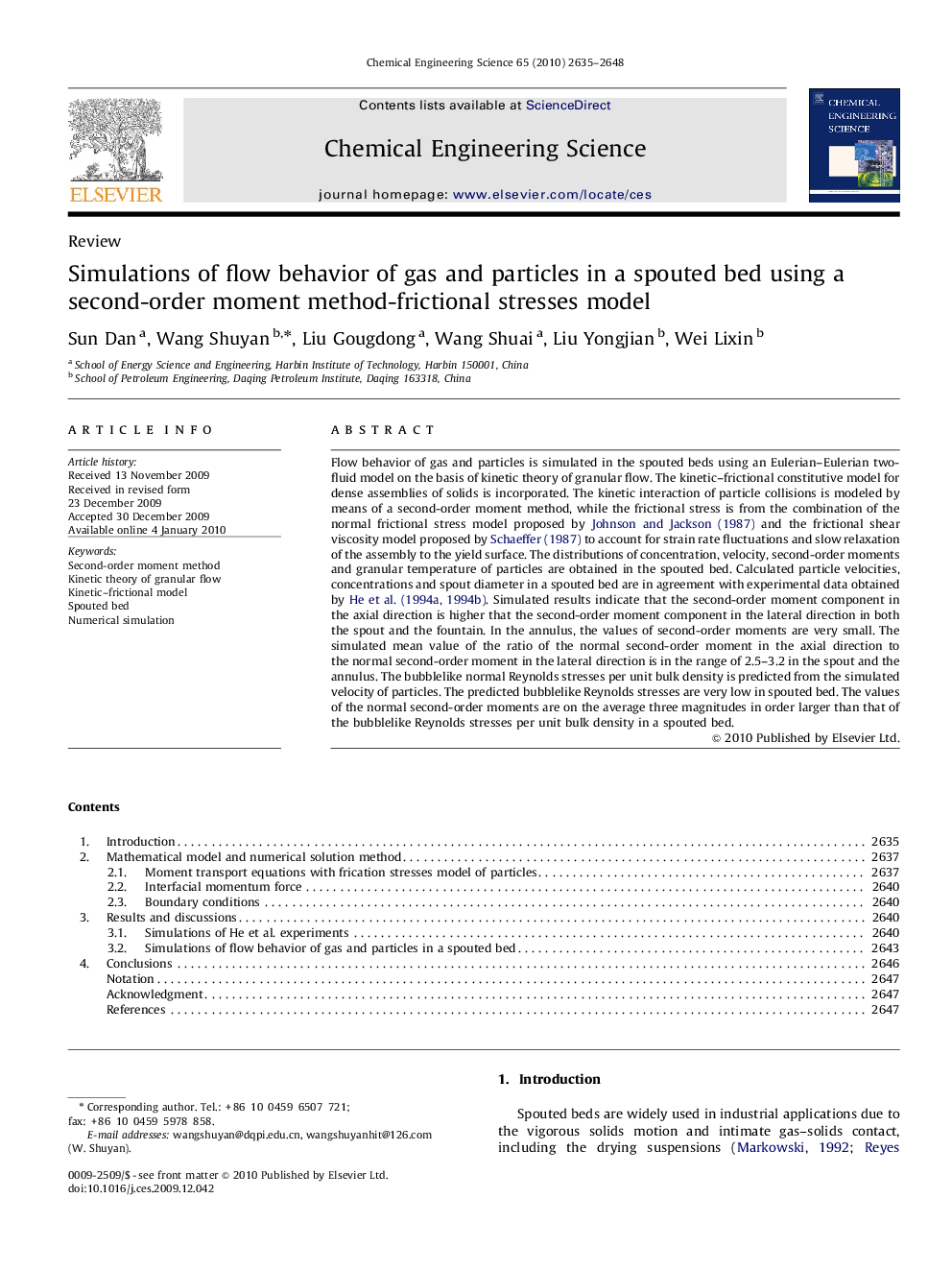 Simulations of flow behavior of gas and particles in a spouted bed using a second-order moment method-frictional stresses model