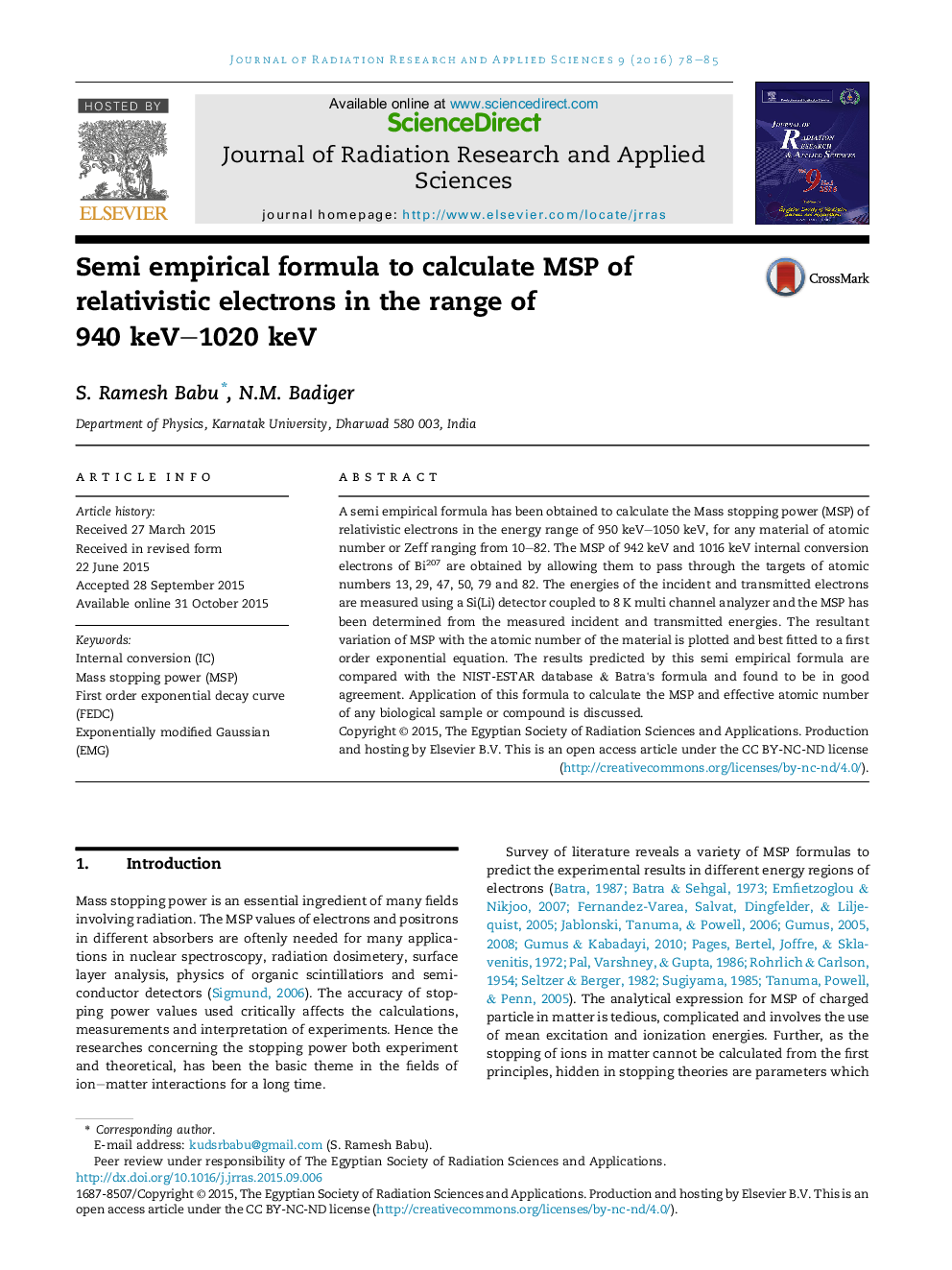 Semi empirical formula to calculate MSP of relativistic electrons in the range of 940 keV–1020 keV 