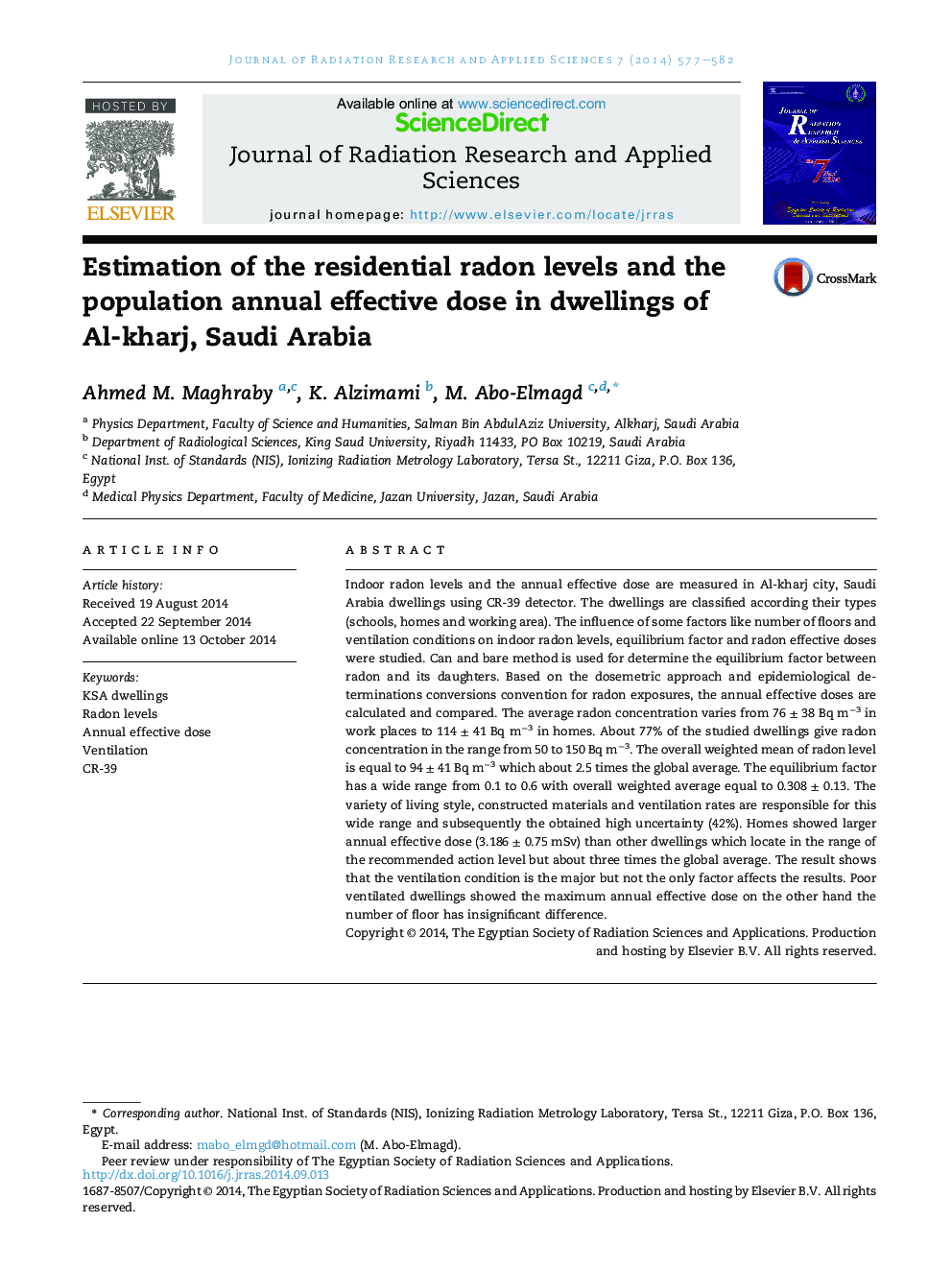 برآورد میزان رادون های مسکونی و دوز موثر سالانه جمعیت در خانه های الخجر، عربستان سعودی 
