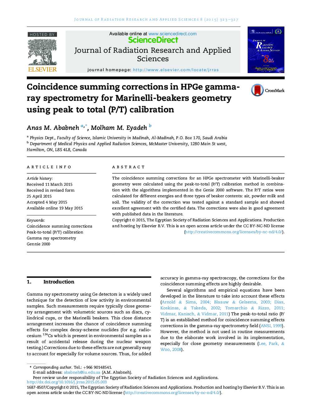 Coincidence summing corrections in HPGe gamma-ray spectrometry for Marinelli-beakers geometry using peak to total (P/T) calibration 
