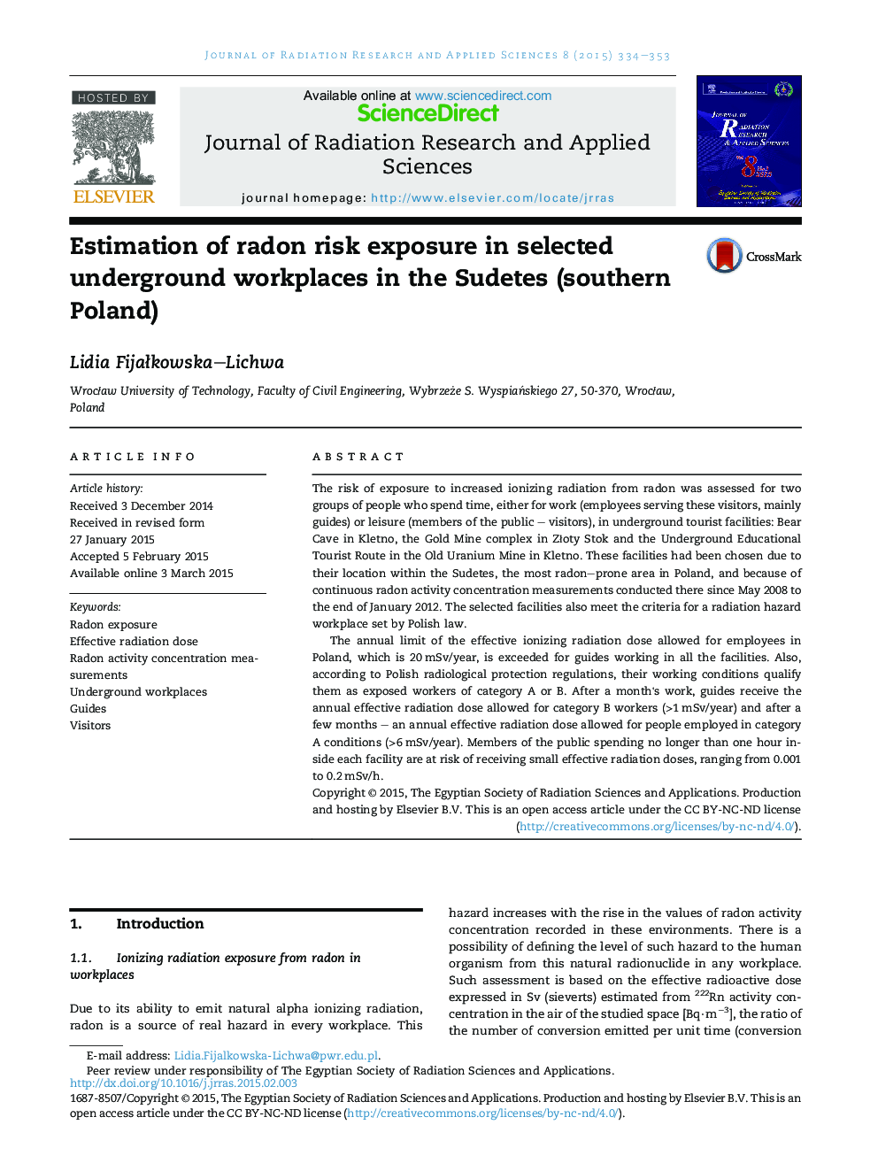 Estimation of radon risk exposure in selected underground workplaces in the Sudetes (southern Poland) 