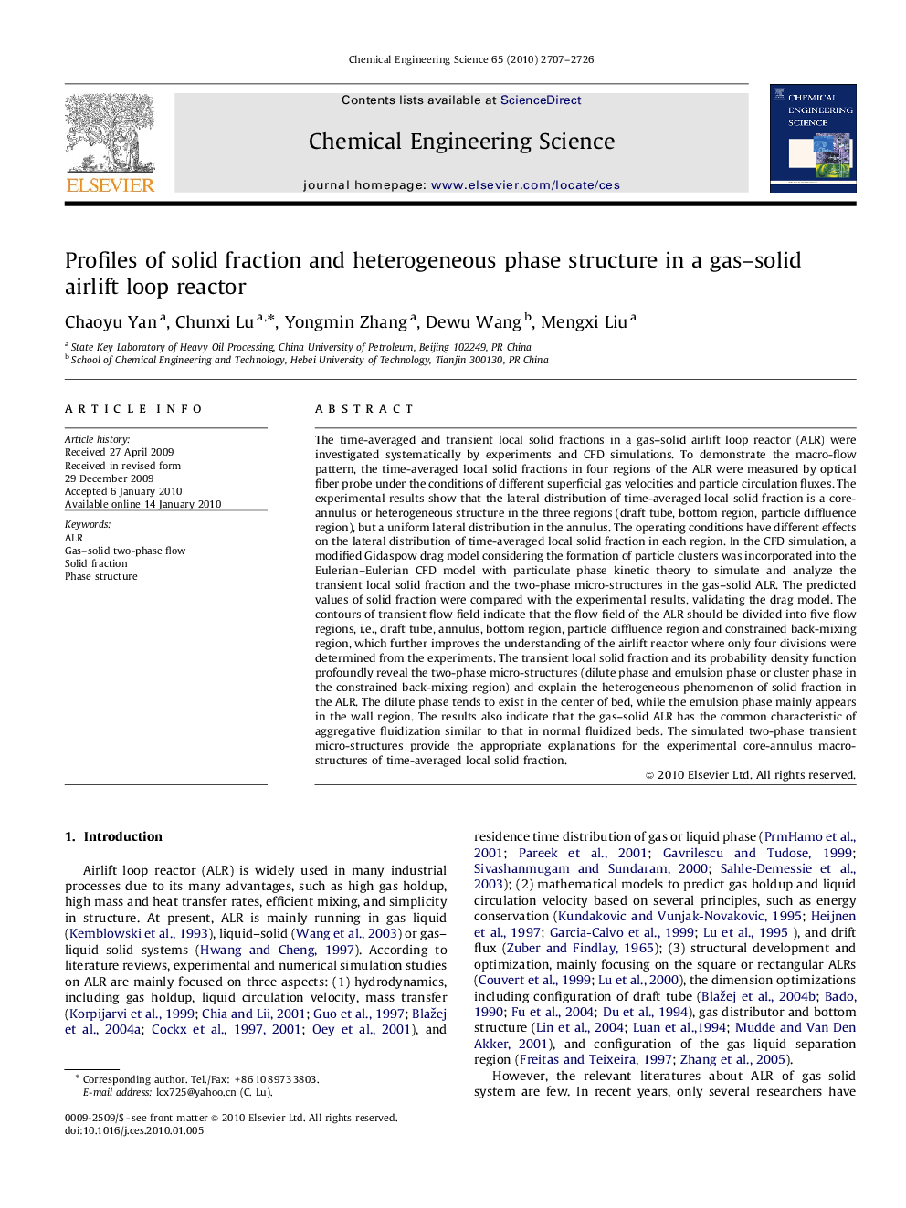 Profiles of solid fraction and heterogeneous phase structure in a gas–solid airlift loop reactor