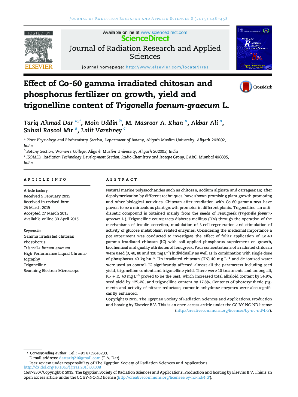 Effect of Co-60 gamma irradiated chitosan and phosphorus fertilizer on growth, yield and trigonelline content of Trigonella foenum-graecum L. 