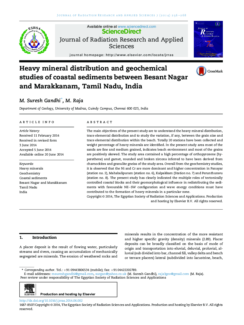 توزیع مواد معدنی سنگین و مطالعات ژئوشیمیایی رسوبات ساحلی بین بسنت ناگار و ماراککنام، تامیل نادو، هند 