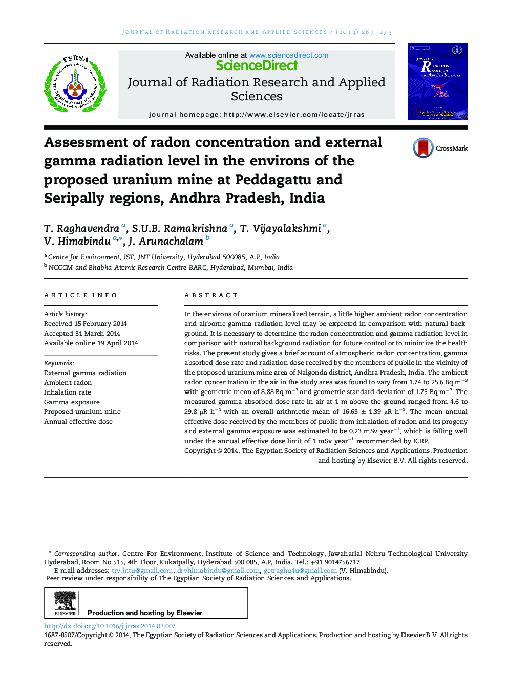 Assessment of radon concentration and external gamma radiation level in the environs of the proposed uranium mine at Peddagattu and Seripally regions, Andhra Pradesh, India 