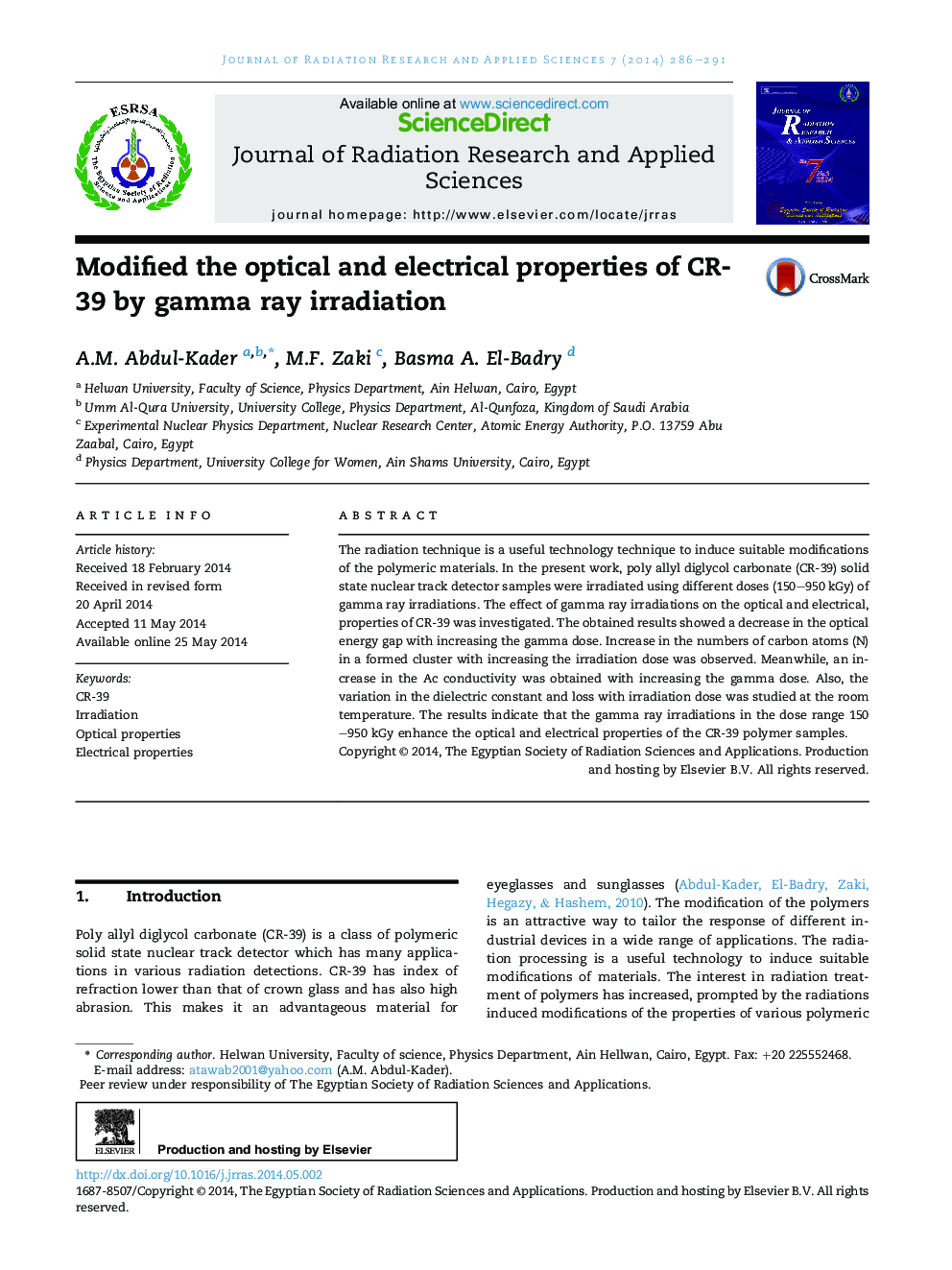 Modified the optical and electrical properties of CR-39 by gamma ray irradiation 