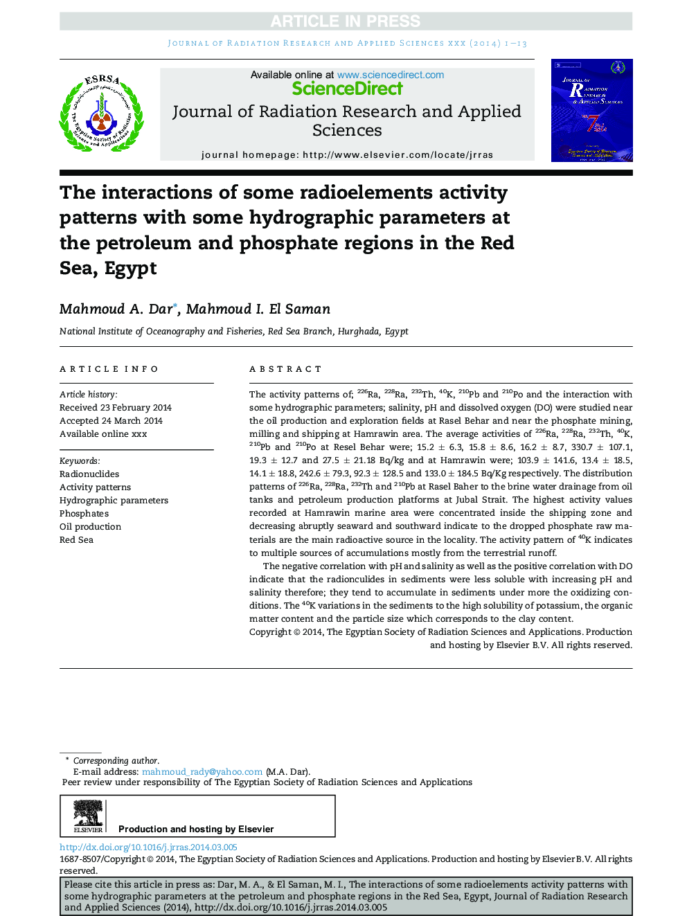 The interactions of some radioelements activity patterns with some hydrographic parameters at the petroleum and phosphate regions in the Red Sea, Egypt