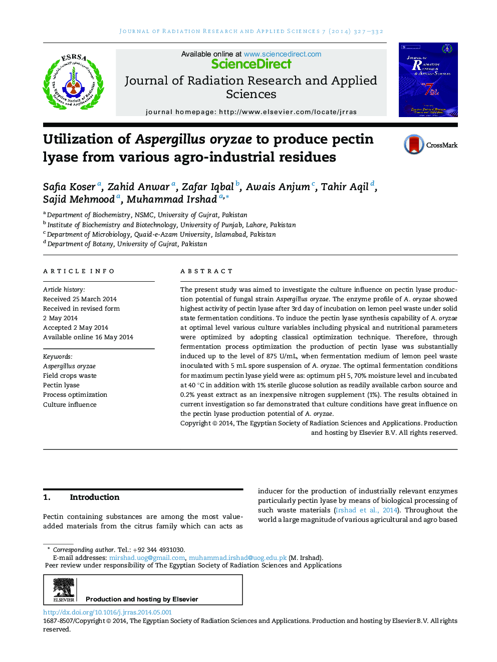 Utilization of Aspergillus oryzae to produce pectin lyase from various agro-industrial residues 