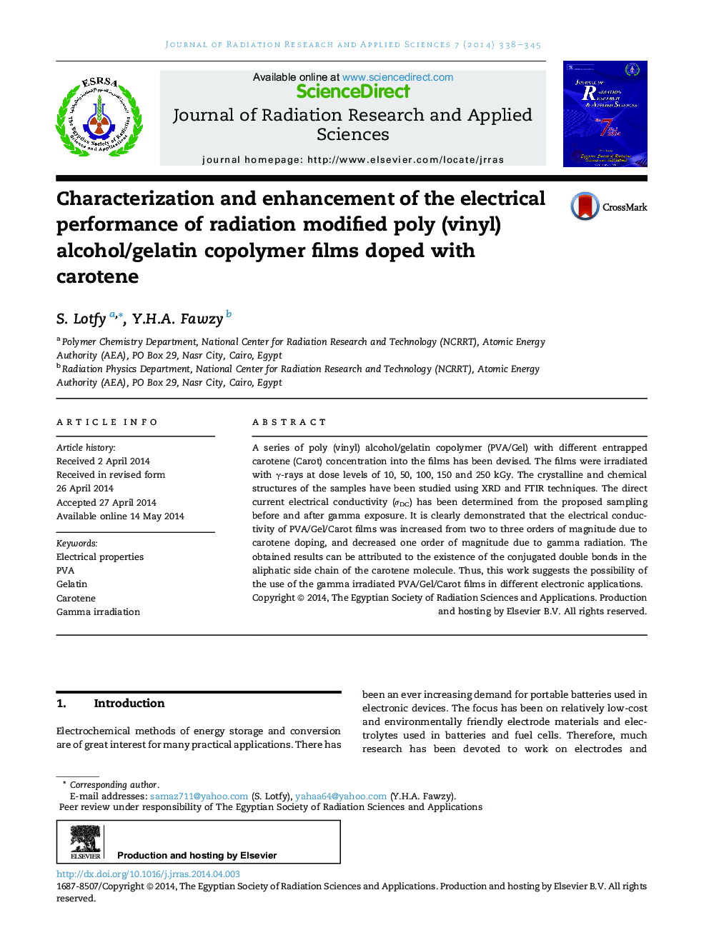 Characterization and enhancement of the electrical performance of radiation modified poly (vinyl) alcohol/gelatin copolymer films doped with carotene 