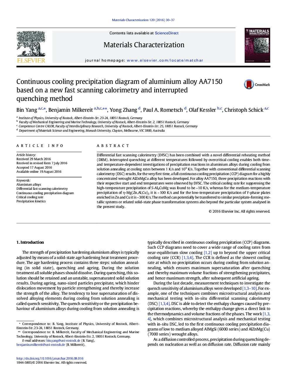 Continuous cooling precipitation diagram of aluminium alloy AA7150 based on a new fast scanning calorimetry and interrupted quenching method