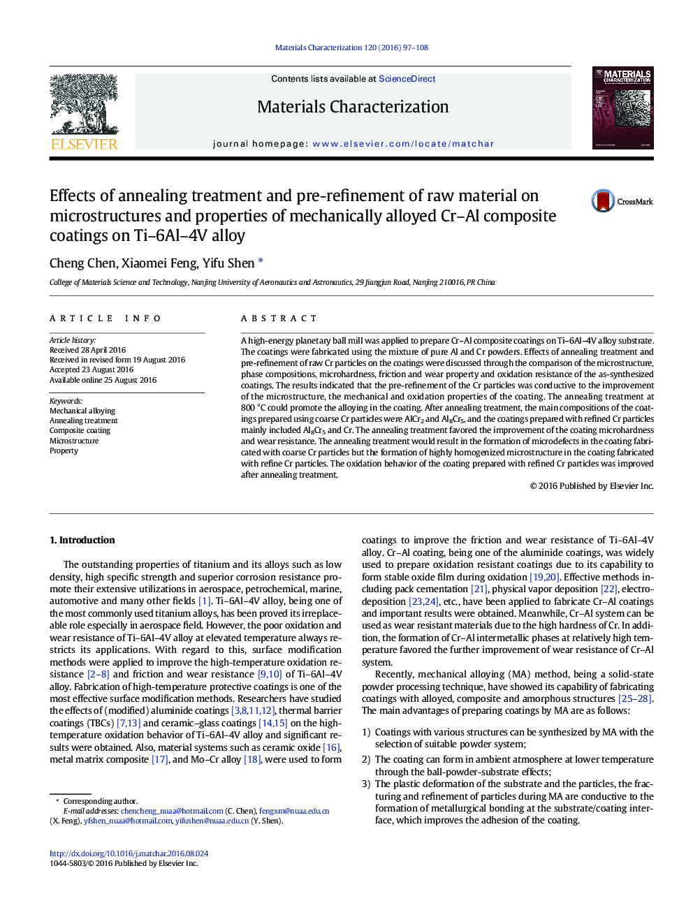 Effects of annealing treatment and pre-refinement of raw material on microstructures and properties of mechanically alloyed Cr–Al composite coatings on Ti–6Al–4V alloy