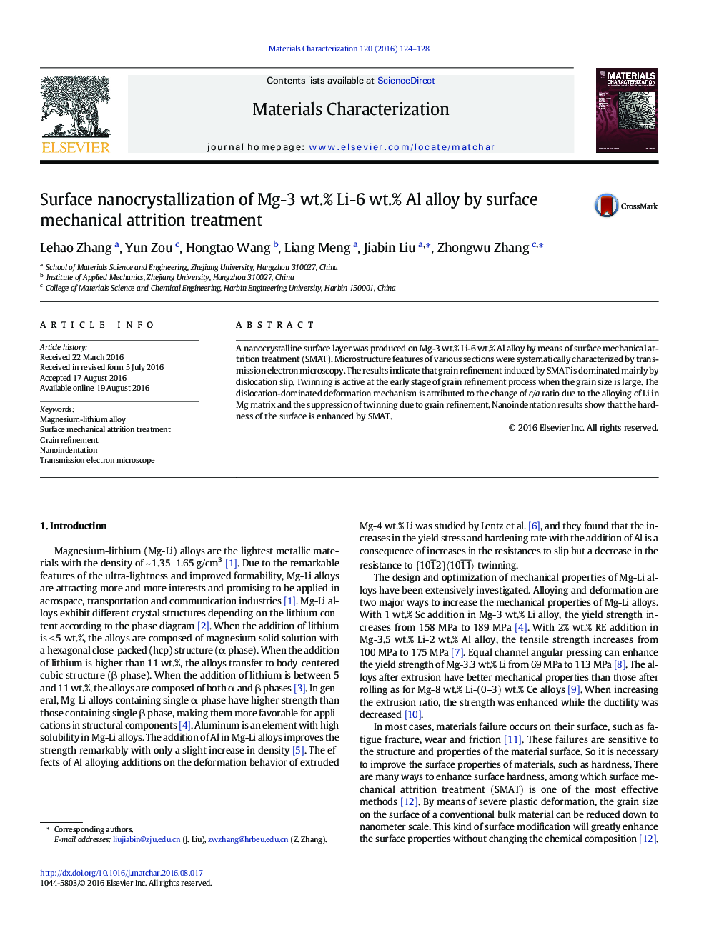 Surface nanocrystallization of Mg-3 wt.% Li-6 wt.% Al alloy by surface mechanical attrition treatment