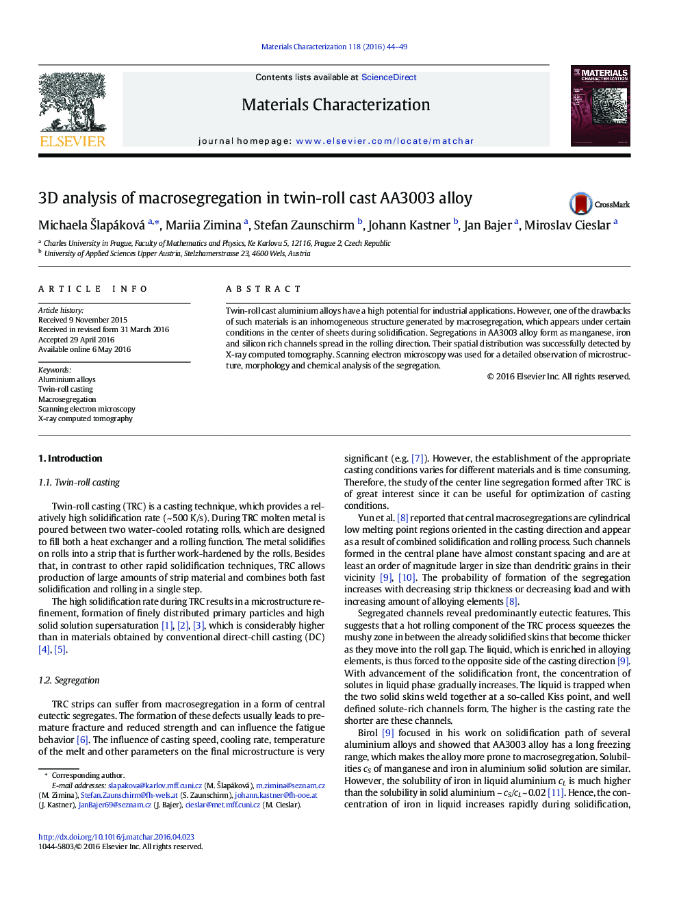 3D analysis of macrosegregation in twin-roll cast AA3003 alloy