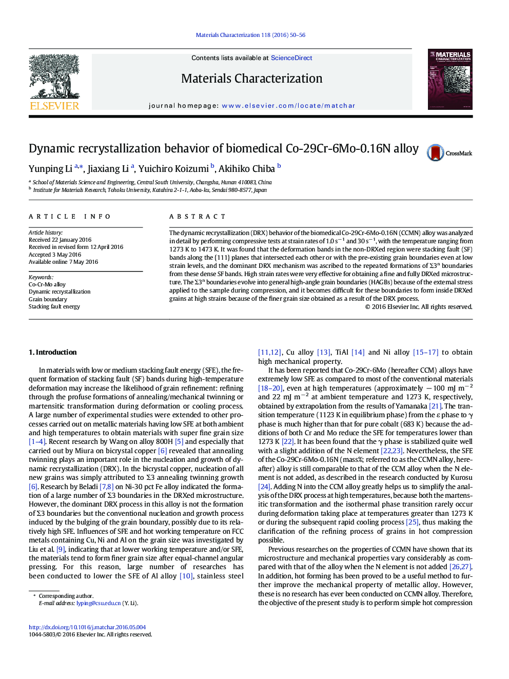 Dynamic recrystallization behavior of biomedical Co-29Cr-6Mo-0.16N alloy