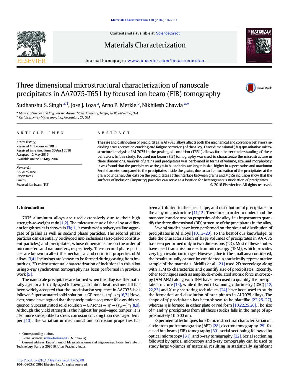 Three dimensional microstructural characterization of nanoscale precipitates in AA7075-T651 by focused ion beam (FIB) tomography