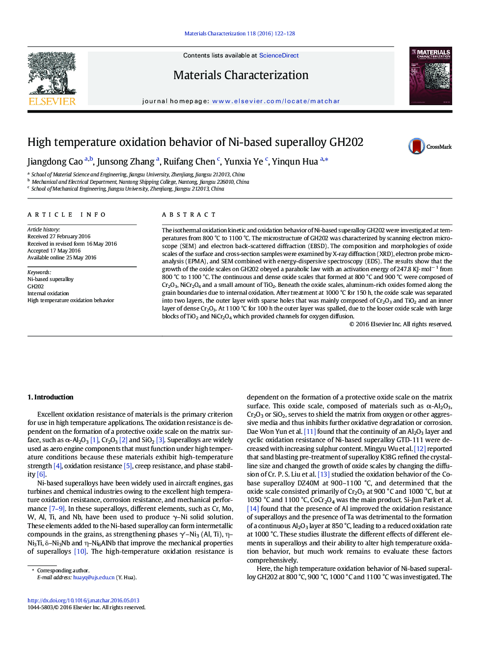 High temperature oxidation behavior of Ni-based superalloy GH202