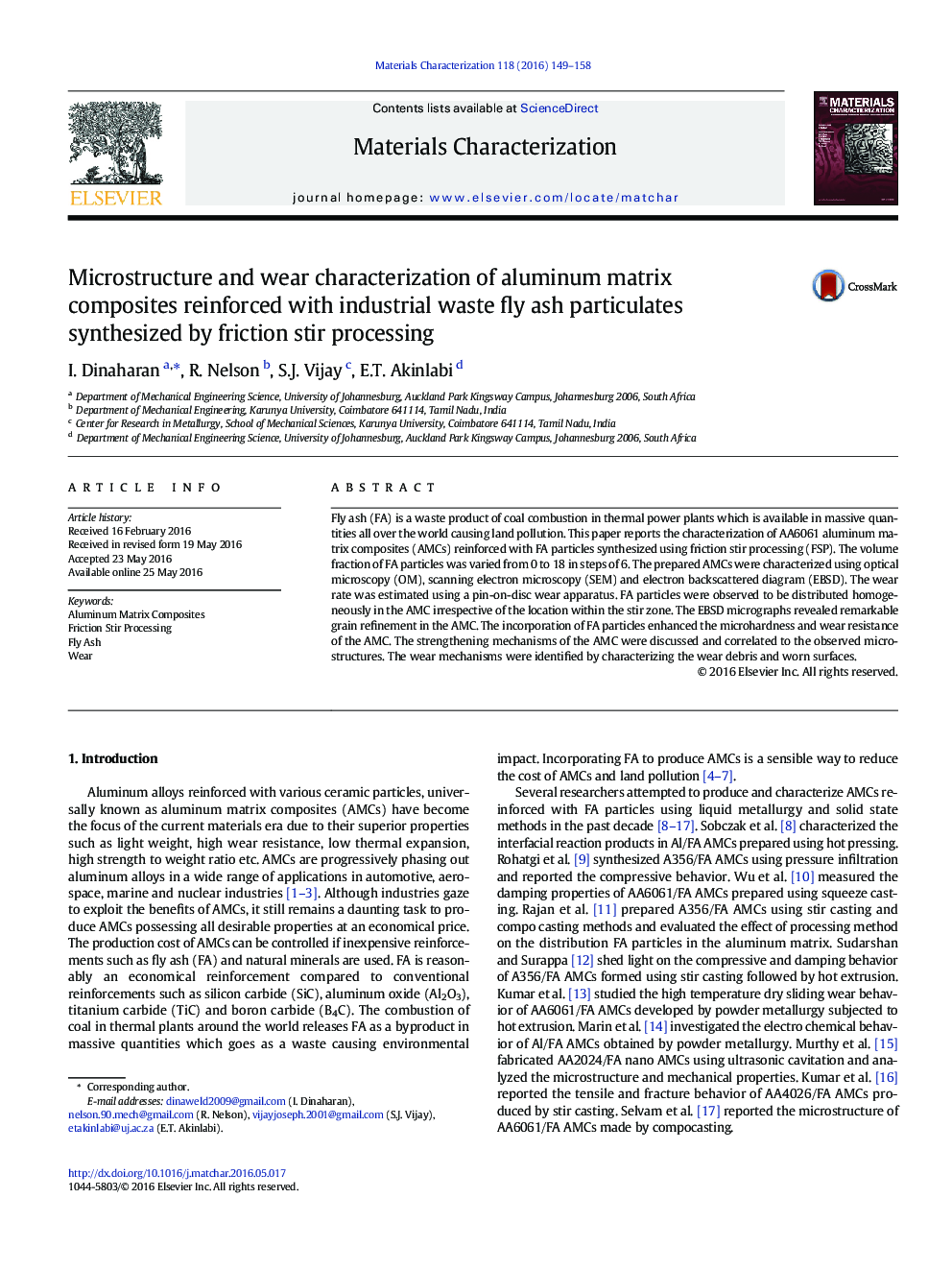 Microstructure and wear characterization of aluminum matrix composites reinforced with industrial waste fly ash particulates synthesized by friction stir processing