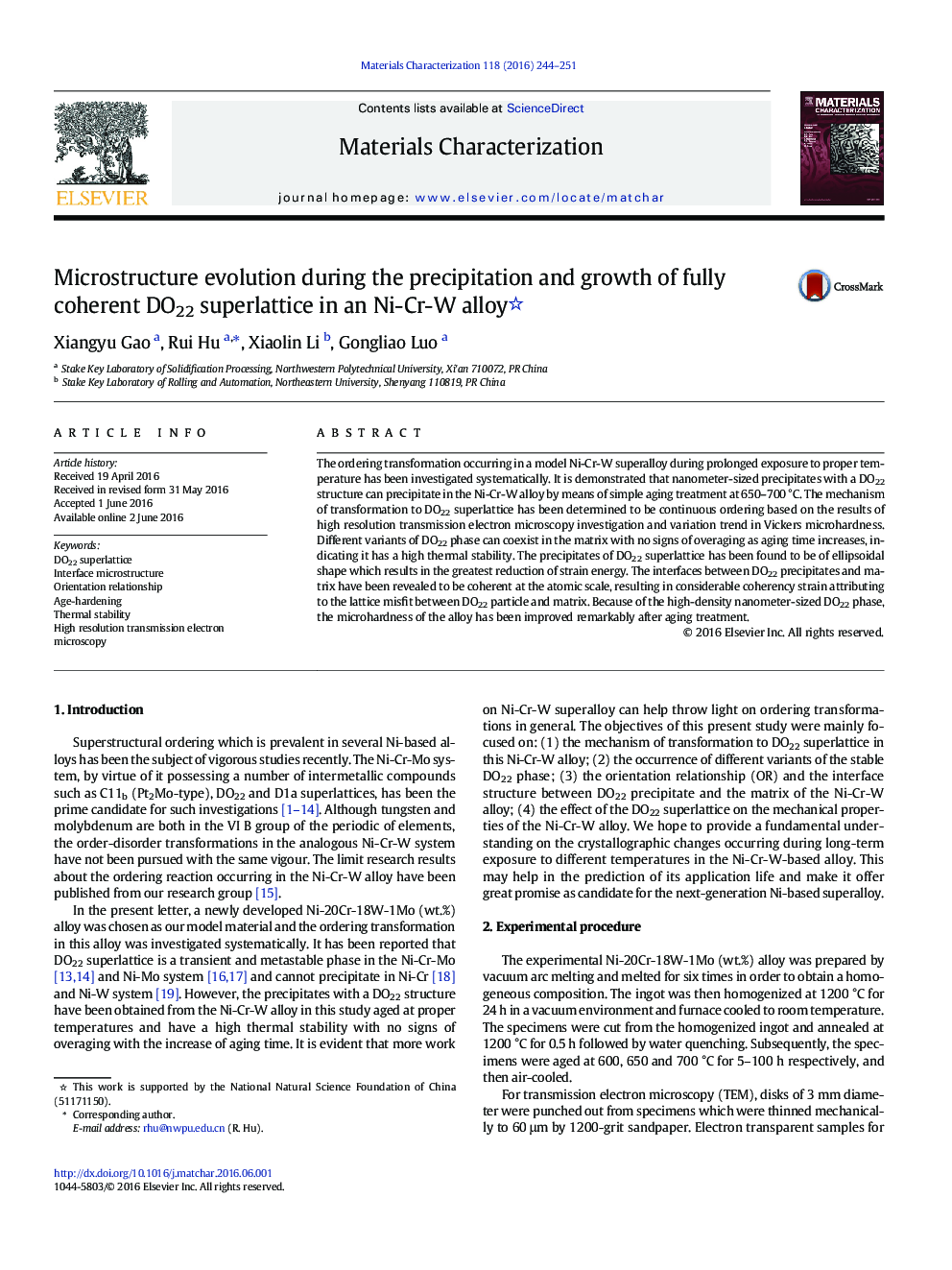 Microstructure evolution during the precipitation and growth of fully coherent DO22 superlattice in an Ni-Cr-W alloy 