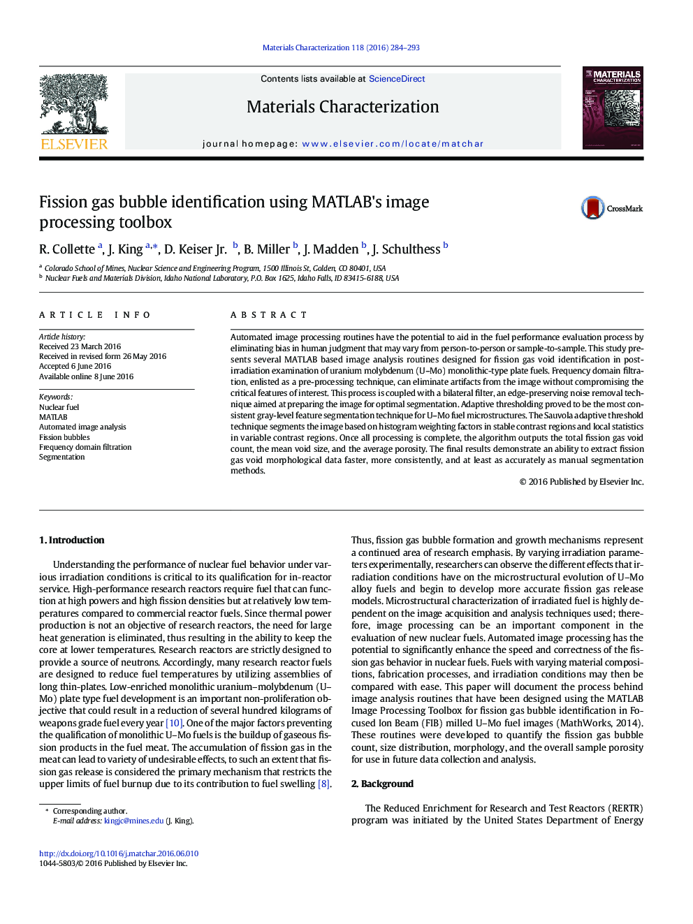 Fission gas bubble identification using MATLAB's image processing toolbox