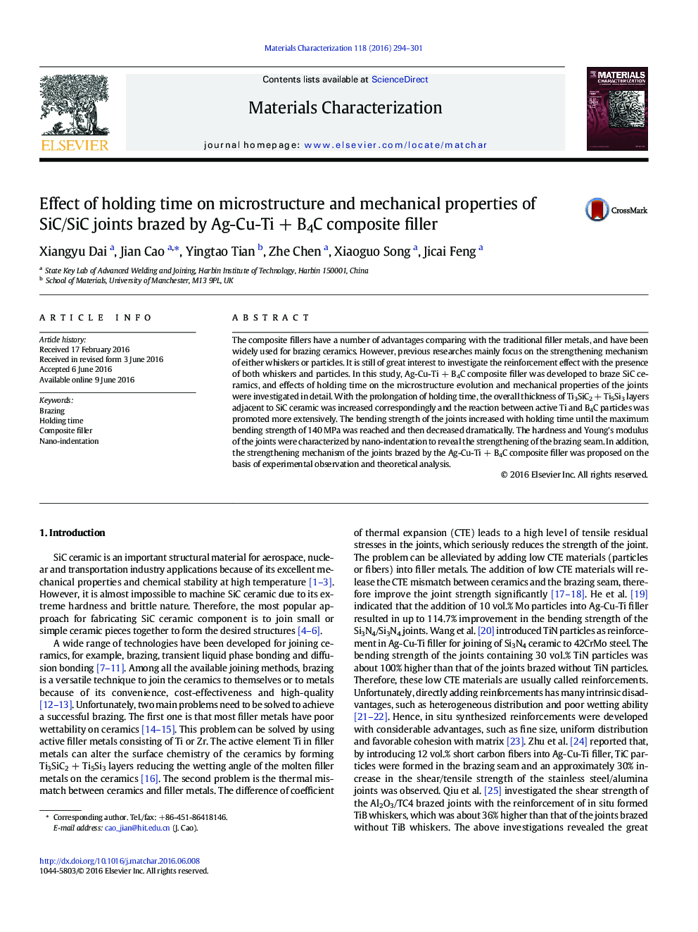 Effect of holding time on microstructure and mechanical properties of SiC/SiC joints brazed by Ag-Cu-TiÂ +Â B4C composite filler