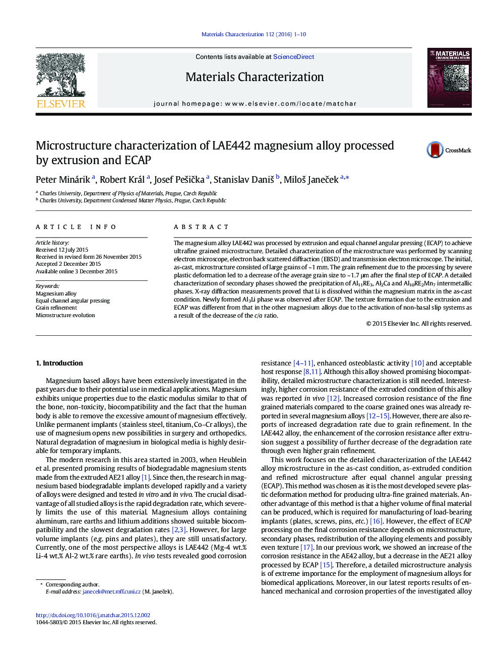 Microstructure characterization of LAE442 magnesium alloy processed by extrusion and ECAP