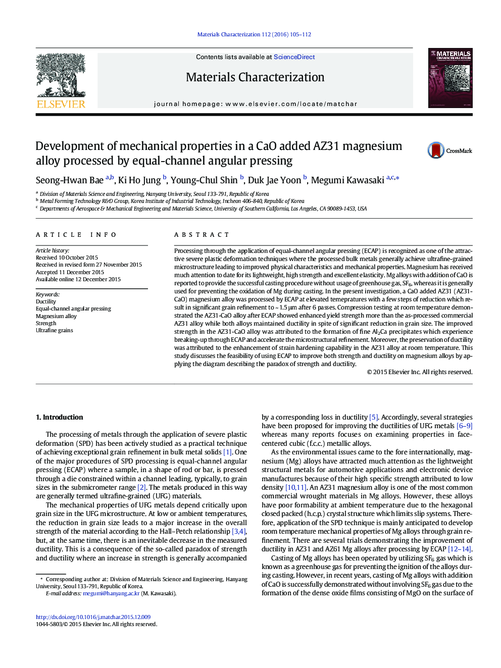 Development of mechanical properties in a CaO added AZ31 magnesium alloy processed by equal-channel angular pressing