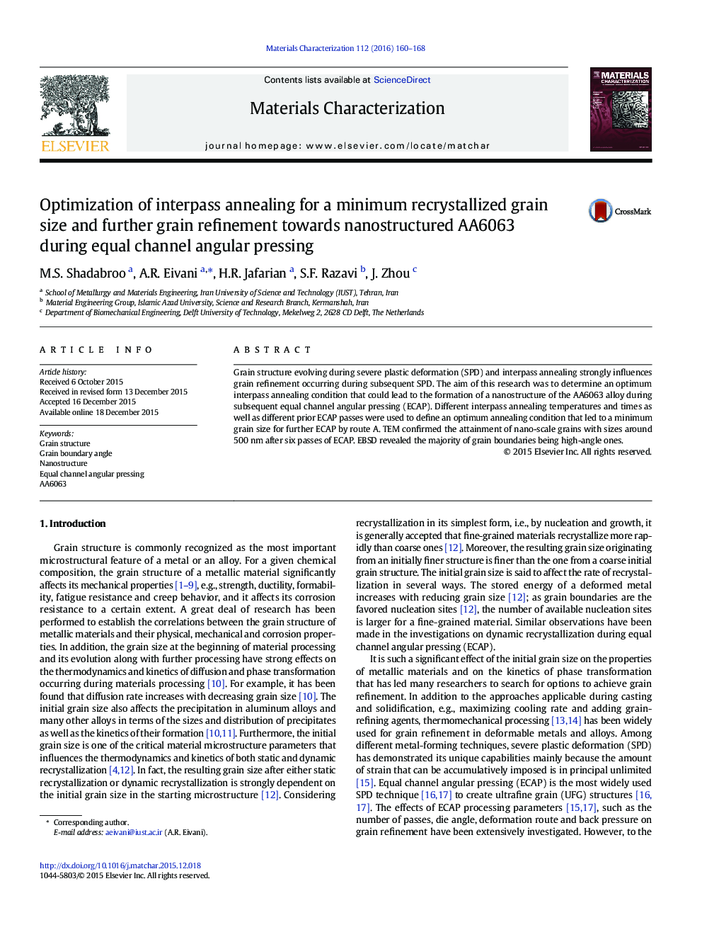 Optimization of interpass annealing for a minimum recrystallized grain size and further grain refinement towards nanostructured AA6063 during equal channel angular pressing