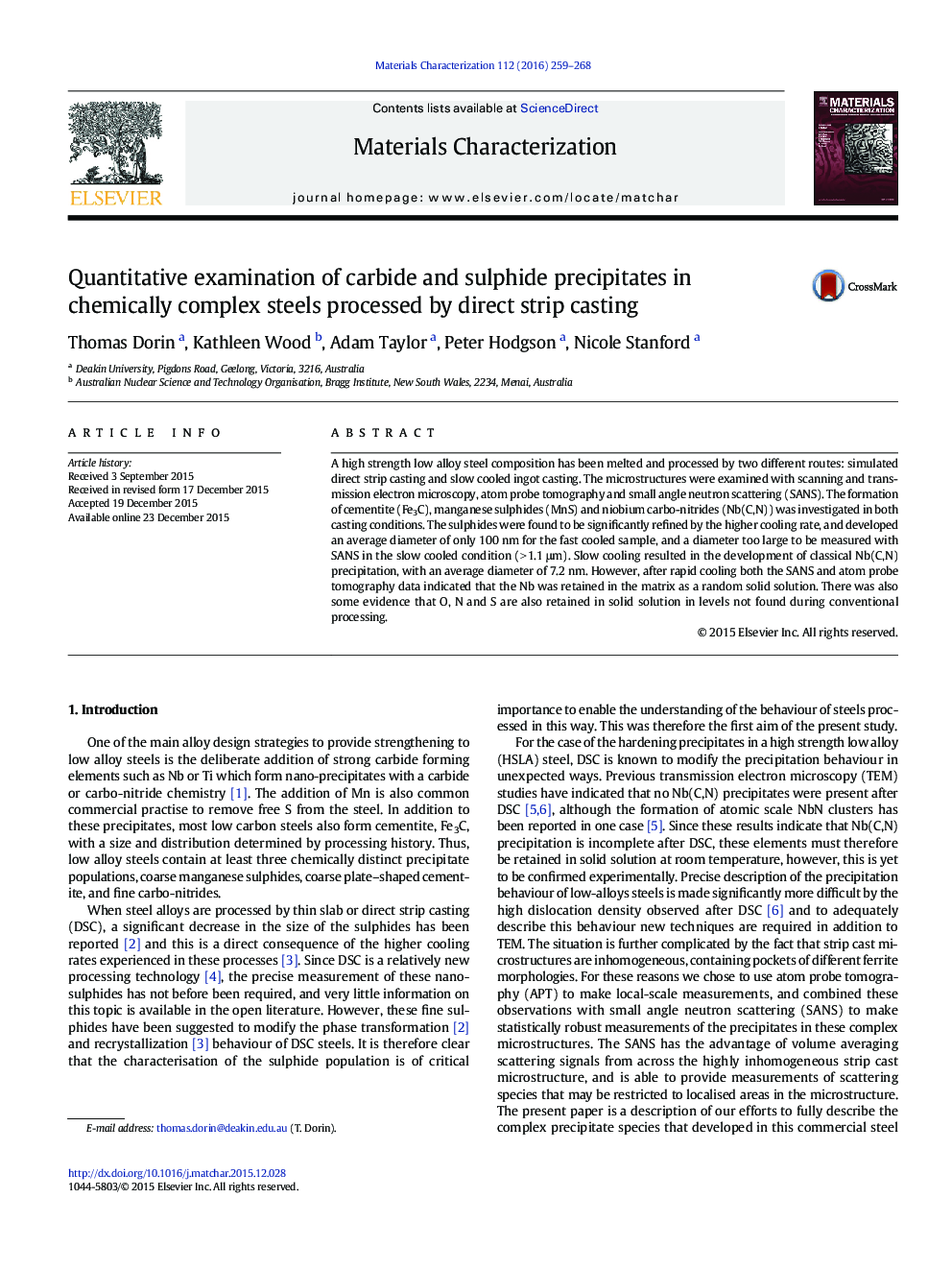 Quantitative examination of carbide and sulphide precipitates in chemically complex steels processed by direct strip casting