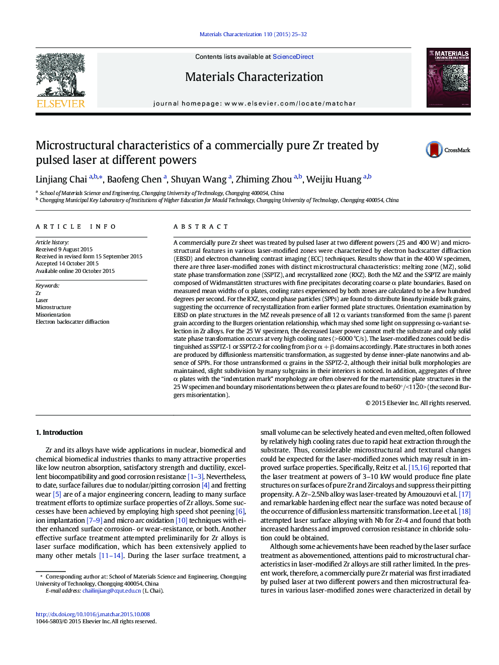 Microstructural characteristics of a commercially pure Zr treated by pulsed laser at different powers