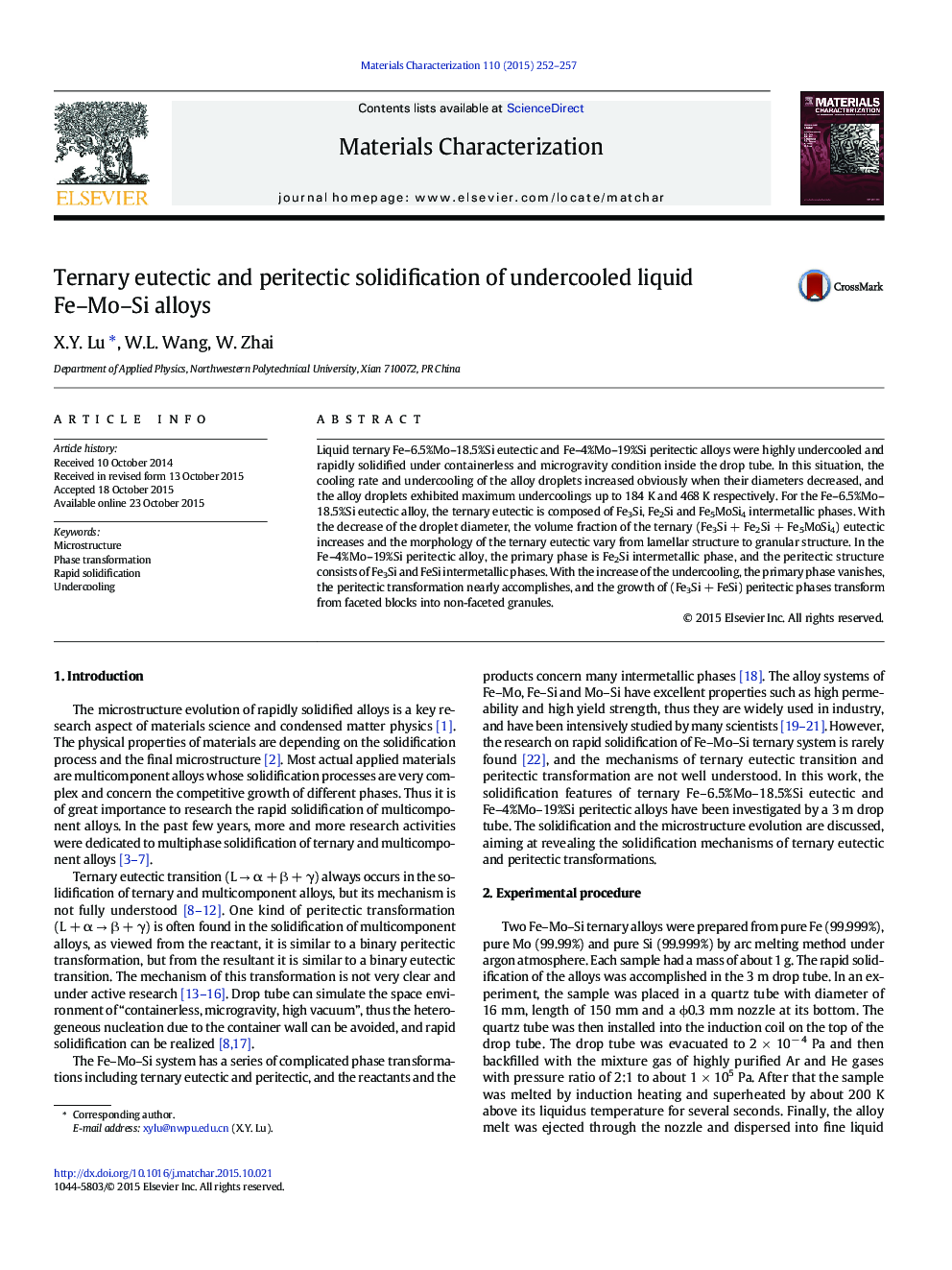 Ternary eutectic and peritectic solidification of undercooled liquid Fe–Mo–Si alloys