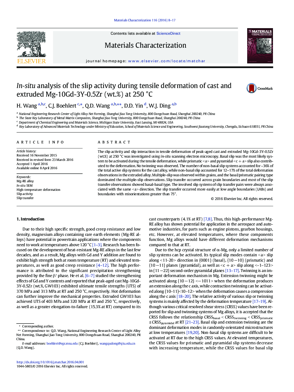 In-situ analysis of the slip activity during tensile deformation of cast and extruded Mg-10Gd-3Y-0.5Zr (wt.%) at 250 °C