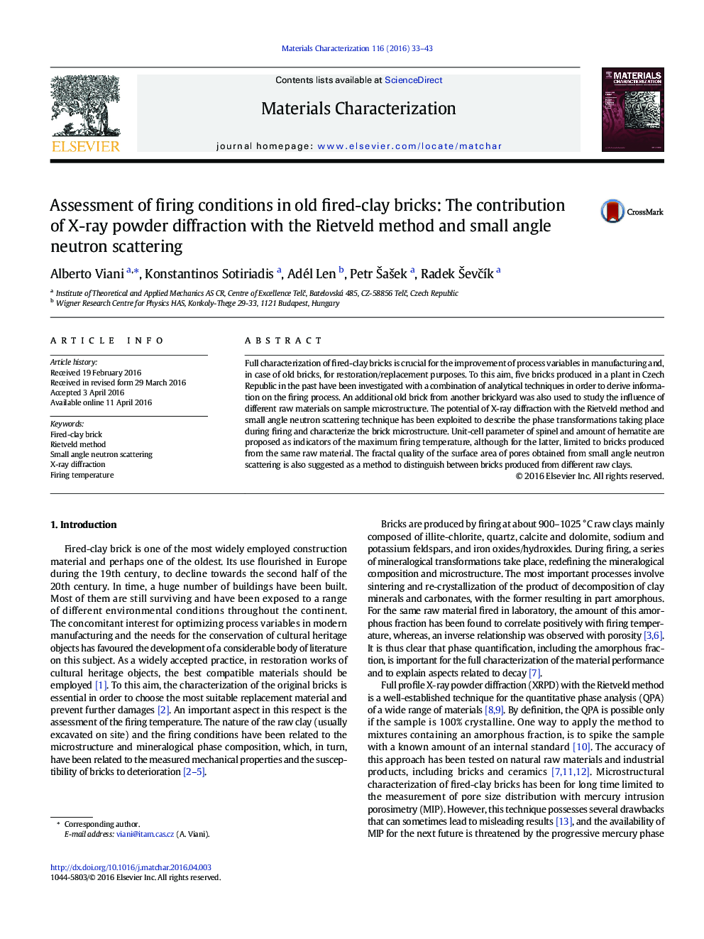 Assessment of firing conditions in old fired-clay bricks: The contribution of X-ray powder diffraction with the Rietveld method and small angle neutron scattering