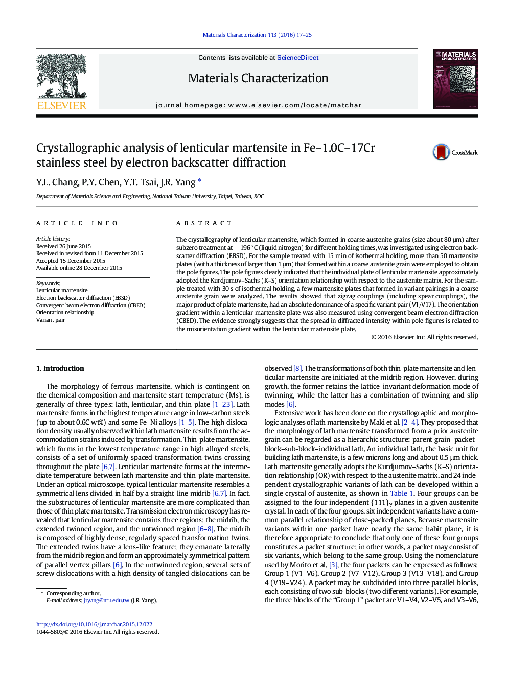 Crystallographic analysis of lenticular martensite in Fe-1.0C-17Cr stainless steel by electron backscatter diffraction