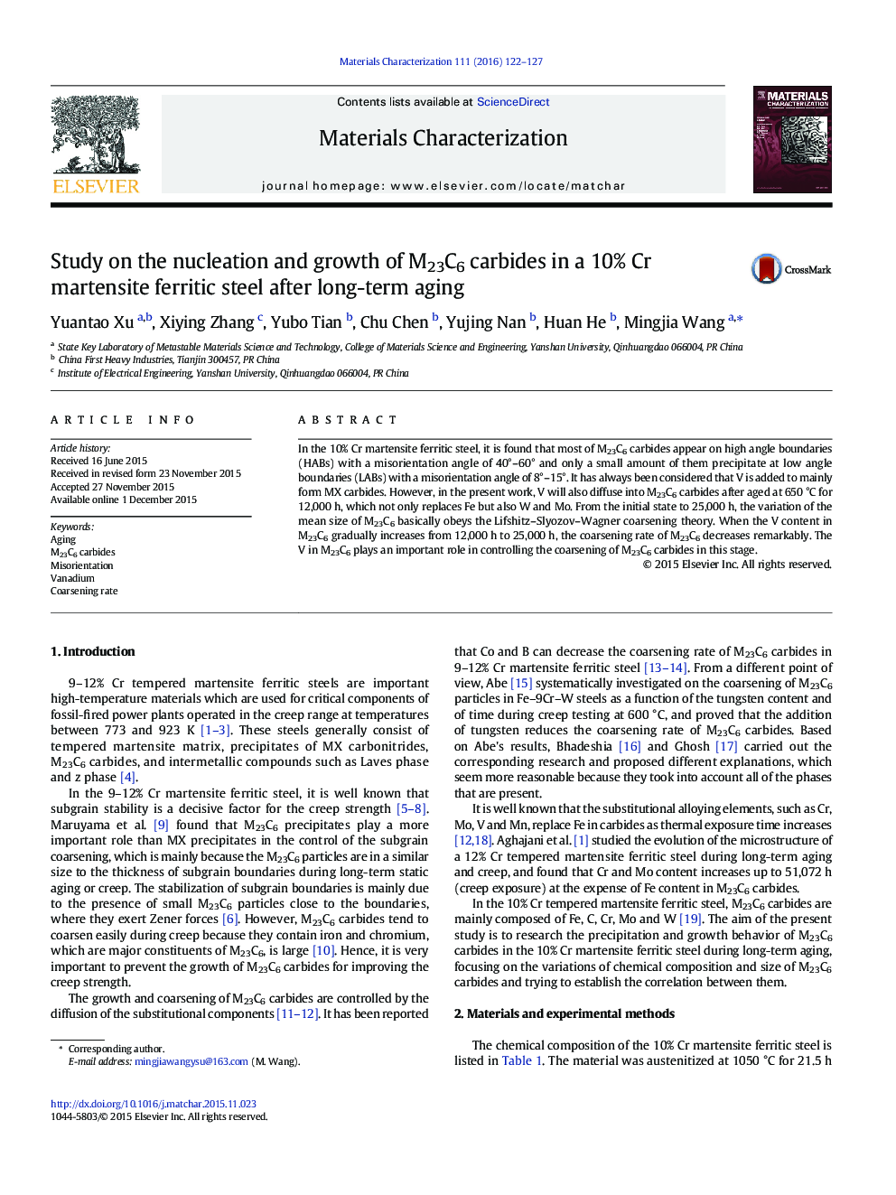 Study on the nucleation and growth of M23C6 carbides in a 10% Cr martensite ferritic steel after long-term aging