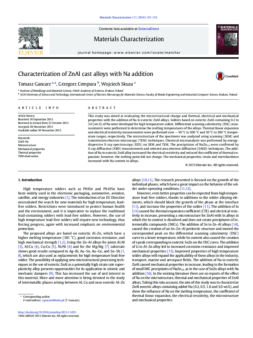 Characterization of ZnAl cast alloys with Na addition