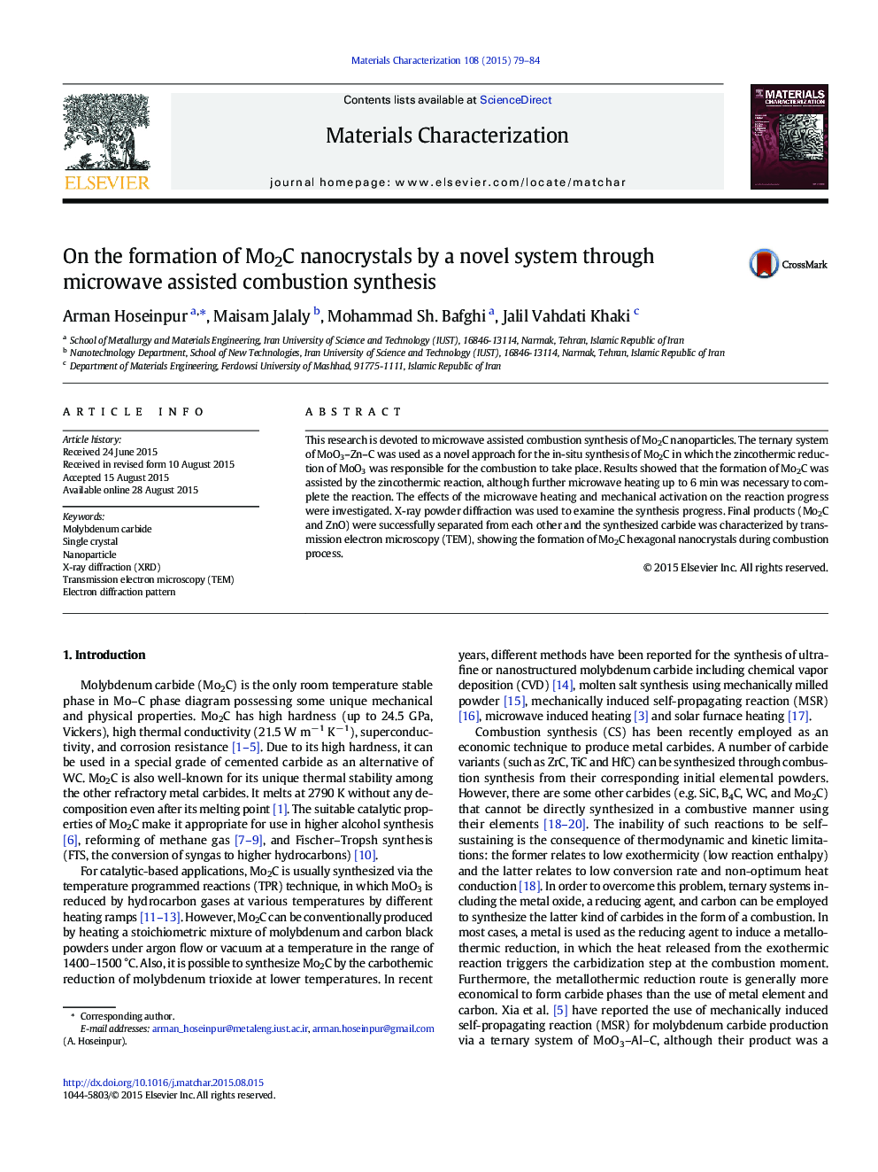 On the formation of Mo2C nanocrystals by a novel system through microwave assisted combustion synthesis